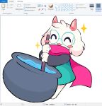  2_horns 4_fingers ^_^ anthro blush bovid caprine cauldron deltarune eyes_closed eyewear fafameow fingers floppy_ears french_text fur glasses goat hi_res horn male mammal ms_paint open_mouth pink_horn pink_scarf ralsei scarf smile solo star text undertale_(series) video_games white_body white_fur 