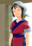  1girl black_hair breath_of_fire breath_of_fire_iv closed_eyes closed_mouth crying doorway dress head_scarf highres long_hair mami_(breath_of_fire) smile solo 