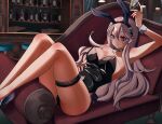  1girl absurdres alternate_costume animal_ears bangs black_hairband black_leotard blush breasts card choker cleavage collarbone corrin_(fire_emblem) corrin_(fire_emblem)_(female) couch eine_(eine_dx) fire_emblem fire_emblem_fates hair_ornament hairband high_heels highres leotard long_hair looking_at_viewer medium_breasts nail_polish platinum_blonde_hair playboy_bunny pointy_ears rabbit_ears red_eyes smile solo strapless strapless_leotard thighs uno_(game) 
