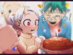  1girl 2boys apple_pie blue_jacket blurry blurry_background boku_no_hero_academia candle chromatic_aberration clenched_hands closed_eyes commentary_request eri_(boku_no_hero_academia) food green_hair grey_hair hair_bun highres holding holding_food horns jacket kuwanosisyamo midoriya_izuku multiple_boys open_mouth pie short_hair single_horn solo_focus sweater togata_mirio translation_request turtleneck turtleneck_sweater yellow_sweater 