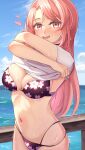  1girl absurdres bangs bikini blush breasts c_turtle cloud english_commentary floral_print heart highres indie_virtual_youtuber long_hair midriff mole mole_on_breast navel nini_yuuna ocean pink_eyes pink_hair print_bikini purple_bikini shirt sky smile solo swimsuit virtual_youtuber water wet white_shirt 