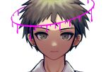  1boy bangs blood brown_eyes brown_hair closed_mouth collared_shirt danganronpa_(series) danganronpa_2:_goodbye_despair expressionless grey_background halo highres hinata_hajime kyua_moto looking_at_viewer pink_blood shiny shiny_hair shirt short_hair solo 