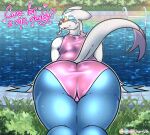  absurd_res aki_(wingedwilly) anthro backsack balls big_butt butt clothing genitals girly hi_res huge_butt kneeling looking_at_viewer looking_back male mienshao nintendo pok&eacute;mon pok&eacute;mon_(species) pool_(disambiguation) presenting presenting_hindquarters raised_tail smile solo swimwear text thick_thighs video_games water wet wide_hips wingedwilly 