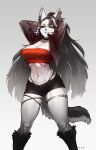  2022 absurd_res anthro black_bottomwear black_clothing bottomwear breasts cleavage clothed clothing gradient_background hi_res hotpants inner_ear_fluff jacket looking_at_viewer pgm300 red_clothing red_topwear shorts simple_background smile solo topwear tuft white_background 