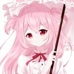  1girl absurdres bangs cherry_blossom_cookie closed_mouth cookie_run eyebrows_visible_through_hair highres humanization long_hair looking_at_viewer parasol personification pink_eyes pink_hair pink_umbrella red_eyes smile solo umbrella upper_body user_kerx7354 