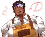  ! 1boy apron bangs bara black_hair blush closed_eyes collared_shirt dark-skinned_male dark_skin eyebrow_cut facial_hair grey_hair hair_over_one_eye highres kizami_nori_to_yamaimo large_pectorals lilac_(live_a_hero) live_a_hero male_focus mature_male multicolored_hair muscular muscular_male pectoral_cleavage pectorals purple_hair shirt short_hair smile solo spiked_hair stubble tan thick_arms thick_eyebrows upper_body white_background white_shirt 