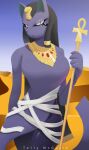  2022 anthro artist_name black_hair breasts claws desert egyptian fak&eacute;mon female hair hi_res jewelry looking_at_viewer outside purple_body solo staff standing tellymcguire unnamed_fakemon_(matpat) 