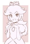  1girl bangs blush border chocomiru closed_mouth dress earrings eyebrows_visible_through_hair full_body gem gloves jewelry long_hair looking_at_viewer mario_(series) monochrome open_mouth pink_background princess_peach simple_background sketch smile solo unfinished white_border 