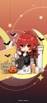  1boy alternate_costume ascot chibi cup diluc_(genshin_impact) drinking_glass genshin_impact highres holding holding_cup looking_at_viewer low_ponytail official_art paimon_genshin7 pointy_ears pumpkin red_eyes red_hair sitting vampire_costume white_ascot 