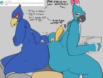  &lt;3 2019 4:3 ambiguous_gender anthro ass_to_ass avian big_butt bird breath_of_the_wild butt clothed clothing dialogue digital_media_(artwork) duo_focus english_text facesitting falco_lombardi feathers group hi_res huge_butt human kass_(tloz) legwear looking_back male male_focus mammal nintendo nude pleasantlyplumpthiccness rito simple_background sitting star_fox stockings text the_legend_of_zelda thick_thighs video_games 