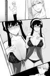  1boy 1girl blush breasts closed_mouth door greyscale hairband highres large_breasts looking_to_the_side monochrome navel nightgown panties ratatatat74 short_hair sidelocks sleepwear spy_x_family twilight_(spy_x_family) underwear yor_briar 