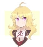  1girl ahoge artist_name bangs blonde_hair border bow chocomiru closed_mouth curly_hair eyebrows_visible_through_hair looking_at_viewer purple_eyes ribbon rwby school_uniform smile solo upper_body yang_xiao_long yellow_background 