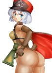  1girl ass bangs blue_eyes blush bodysuit breasts chest_harness elbow_gloves from_behind gloves hair_between_eyes harness hat highres kepi last_origin leotard looking_at_viewer megaphone military_hat pomechin_(mvst2573) red_hood_(last_origin) short_hair silver_hair simple_background small_breasts solo triangle_mouth white_background 