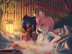  animal_ear_fluff animal_ears anthro autumn_leaves bamboo bamboo_fence bamboo_structure blue_hair blush bottle brand_new_animal breasts choko_(cup) container cup enigma_(artist) eye_contact face-to-face female female/female fence finger_to_mouth fox_ears fox_girl hair hot_spring lamp lantern leaf long_hair looking_at_another michiru_kagemori nazuna_hiwatashi night nude onsen outside partially_submerged pink_eyes pink_hair plant ponytail raccoon_ears raccoon_girl red_eyes sake_bottle short_hair sitting small_breasts smile steam steam_censorship studio_trigger tree water 
