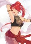  armpits bangle bangs bare_shoulders bracelet braid braided_ponytail breasts dancer dancing fire_emblem fire_emblem:_the_sacred_stones jewelry large_breasts looking_at_viewer midriff navel open_mouth pantyhose red_eyes red_hair tethys_(fire_emblem) upper_body youheiogm 