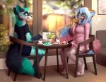  ailurid anthro bloominglynx cafe canid canine clothing date dessert duo female female/female food footwear hi_res ice_cream legwear mammal nurah red_panda socks sweater thigh_highs thigh_socks topwear 