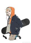  1girl absurdres alternate_costume arknights artist_name bandaid bandaid_on_face bandaid_on_nose black_jacket brown_hair brown_pants casual cropped_legs earphones hand_in_pocket headband highres hood hoodie ifrit_(arknights) jacket long_sleeves looking_at_viewer open_clothes open_jacket open_mouth pants red_eyes short_hair skateboard solo songweilaiyinzizhushitang tail v-shaped_eyebrows watch weibo_username wristwatch 