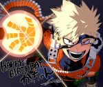  1boy bakugou_katsuki black_bodysuit blonde_hair bodysuit boku_no_hero_academia commentary_request hand_up happy_birthday highres kuwanosisyamo looking_at_viewer male_focus open_mouth red_eyes short_hair signature smile solo spiked_hair teeth torn_mask 