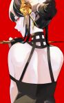  1girl a_tea_gohan back bare_shoulders black_dress black_gloves black_hair blood blood_on_weapon choker colored_skin dagger dress earrings fingerless_gloves from_behind gloves hair_bun hairband half-closed_eyes highres holding jewelry knife looking_at_viewer looking_back pale_skin red_background red_eyes sidelocks simple_background solo spy_x_family weapon white_skin yor_briar 