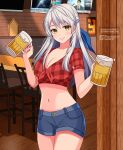  1girl absurdres alcohol alternate_costume artist_name bangs bar bar_stool beer beer_mug blue_shorts breasts chair checkered_clothes checkered_shirt cleavage collared_shirt commission cup denim denim_shorts fire_emblem fire_emblem:_radiant_dawn grin half_updo highres holding holding_cup long_hair looking_at_viewer marion_(marionette_ink) medium_breasts micaiah_(fire_emblem) midriff mug navel shirt short_sleeves shorts silver_hair smile solo stool table tied_shirt twitter_username yellow_eyes 