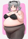  1girl bangs bare_shoulders big_belly black_bra black_headwear blush bra breasts closed_mouth commentary_request cowboy_shot cropped_legs drill_hair eyebrows_visible_through_hair eyes_visible_through_hair fat grey_hair hair_between_eyes hairband heart highres idolmaster idolmaster_cinderella_girls kanzaki_ranko large_breasts long_hair looking_at_viewer oruka_(kamituki0827) pantyhose pink_background red_eyes simple_background skindentation smile solo sweat translation_request tsurime twin_drills twintails underwear white_background 