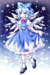  1girl :d black_footwear blue_bow blue_eyes blue_hair blue_skirt blue_vest bobby_socks bow bowtie cirno collared_shirt commentary diamond-shaped_pupils diamond_(shape) frilled_skirt frills full_body hair_bow highres ice ice_wings looking_at_viewer mary_janes medium_hair miy_001 open_mouth puffy_short_sleeves puffy_sleeves red_bow red_bowtie shirt shoes short_sleeves skirt skirt_hold skirt_set smile snowflakes socks solo standing standing_on_one_leg symbol-shaped_pupils touhou vest white_legwear white_shirt wings 