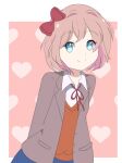  1girl artist_name blazer blue_eyes blue_footwear blue_skirt bow chocomiru closed_mouth doki_doki_literature_club eyebrows_visible_through_hair hair_bow jacket light_brown_hair looking_at_viewer mary_janes open_clothes open_jacket open_mouth pink_hair red_bow sayori_(doki_doki_literature_club) school_uniform shoes skirt smile socks solo 