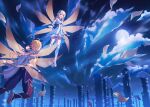  1boy 1girl :d absurdres aether_(genshin_impact) black_gloves black_pants blonde_hair braid braided_ponytail crop_top detached_sleeves dress flower flying genshin_impact gloves hair_flower hair_ornament highres long_hair lumine_(genshin_impact) moon multiple_wings night night_sky pants partially_fingerless_gloves petals pillar rankebu reaching_out scarf short_hair_with_long_locks siblings sky smile star_(sky) starry_sky thighhighs white_dress white_legwear white_scarf wings yellow_eyes 