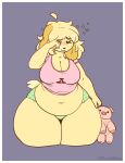  animal_crossing anthro belly belly_overhang big_breasts blush breasts canid canine canis clothing digital_media_(artwork) dipstick_tail domestic_dog domestic_pig eyes_closed female hair hi_res isabelle_(animal_crossing) mammal markings messy_hair mulberrytarthorse navel nintendo panties pear-shaped_figure plushie rubbing_eyes solo squean suid suina sus_(pig) tail_markings thick_thighs tired underwear video_games wide_hips 