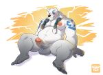  2022 absurd_res anthro balls belly big_belly blush erection genitals hi_res humanoid_genitalia humanoid_hands humanoid_penis league_of_legends male mammal moobs navel nipples overweight overweight_male penis polar_bear riot_games sitting solo ursid ursine video_games vinlom volibear white_body 