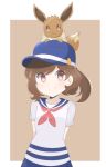  1girl baseball_cap border brown_background brown_eyes brown_hair chocomiru closed_mouth eevee elaine_(pokemon) eyebrows floating_hair hat pokemon pokemon_(creature) pokemon_(game) pokemon_lgpe school_uniform skirt smile striped striped_skirt upper_body 