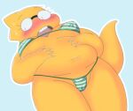  2022 alphys alpi anthro belly big_belly bikini blue_background blush camel_toe clothing eyewear female glasses holding_belly lizard reptile scales scalie simple_background slightly_chubby solo swimwear thong undertale undertale_(series) underwear video_games yellow_body yellow_scales 