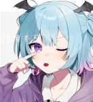  1girl archived_source black_wings blue_hair blush cha_sakura closed_mouth collarbone demon_wings eyebrows_visible_through_hair head_wings highres hood hood_down light_blue_hair mini_wings multicolored_hair one_eye_closed original pink_hair purple_eyes purple_hair short_hair solo tongue tongue_out translation_request twintails upper_body wings 