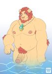  2022 absurd_res anthro balls belly big_belly erection felid foreskin genitals hi_res lifewonders lion male mammal musclegut nipples nude overweight overweight_male oz_(tas) pantherine partially_submerged pecs penis pubes solo tokyo_afterschool_summoners video_games vinlom water wet 
