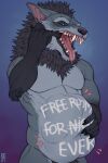 abdominal_bulge absurd_res anthro blizzard_entertainment body_writing canid chapchl hi_res male mammal open_mouth oral_vore riorix silver_fang solo teeth_showing tongue tongue_out video_games vore warcraft were werecanid worgen 