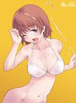  bikini bottomless breasts brown_eyes brown_hair copyright_request covered_nipples cum cum_in_mouth cum_on_body cum_on_breasts cum_on_hair cum_on_upper_body facial kei_jiei large_breasts one_eye_closed see-through short_hair solo swimsuit 