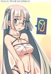  aqua_eyes areolae bail blue_eyes blush breasts embarrassed glasses hair_tie korean large_breasts long_hair nipples original silver_hair solo twintails very_long_hair 