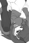  bottomless fate/stay_night fate_(series) greyscale long_legs monochrome pussy shichimenchou solo spread_legs thighhighs tongue tongue_out toosaka_rin turtleneck 
