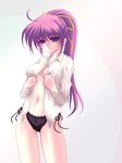  black_panties blue_eyes blush dress_shirt frapowa hair_ribbon high_ponytail lace lace-trimmed_panties long_hair long_sleeves lyrical_nanoha mahou_shoujo_lyrical_nanoha mahou_shoujo_lyrical_nanoha_a's navel no_bra no_pants open_clothes open_shirt panties pink_hair ponytail ribbon shirt side-tie_panties signum solo standing underwear 