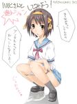  abubu black_legwear blue_sailor_collar blush brown_hair grey_panties hairband kita_high_school_uniform miniskirt panties panty_pull pee peeing sailor_collar school_uniform serafuku shoes short_hair skirt socks solo squatting suzumiya_haruhi suzumiya_haruhi_no_yuuutsu translated underwear 