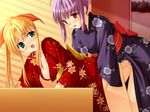  blonde_hair blush breasts censored futa_with_female futanari game_cg green_eyes japanese_clothes kimono kino_futaba large_breasts long_sleeves masaharu mosaic_censoring multiple_girls open_mouth penis purple_hair red_eyes sannomiya_yukari xuse yukata yunchu_~ojou-sama_wa_go-houshi_chuu~ 