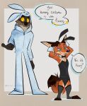  anthro bunny_costume canid canine canis clothed clothing costume crossdressing cuff_links disney dreamworks dress duo fake_ears fake_rabbit_ears feverwildehopps fishnet fishnet_legwear fox green_eyes hi_res legwear male mammal mr._wolf_(the_bad_guys) nick_wilde the_bad_guys thigh_highs wolf yellow_eyes zootopia 