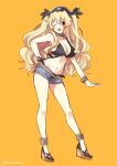  1girl anne_bonny_(fate) anne_bonny_(swimsuit_archer)_(fate) anne_bonny_(swimsuit_archer)_(first_ascension)_(fate) bangs blonde_hair breasts cleavage collarbone denim denim_shorts eyebrows_visible_through_hair fate/grand_order fate_(series) full_body hat high_heels izumi_minami large_breasts navel one_eye_closed open_mouth pirate_hat shorts simple_background smile solo twintails yellow_background 