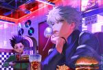  2boys black_hair blackbox_(blackbox9158) blue_eyes blue_shirt brown_eyes burger cafe cd ceiling_fan drinking_straw english_commentary food french_fries from_below gon_freecss green_jacket head_rest holding holding_tray hunter_x_hunter jacket killua_zoldyck long_sleeves looking_at_another looking_at_viewer male_focus mouth_hold multiple_boys open_mouth reflection shirt short_hair sitting soda spiked_hair sweatdrop teeth tray turtleneck upper_body upper_teeth white_hair 