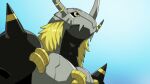  2022 anthro bandai_namco black_body black_pupils blackwargreymon blonde_hair digimon digimon_(species) drunk_oak grey_body hair hi_res horn metallic_body multicolored_body pupils solo yellow_eyes 