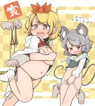  2girls anger_vein animal_ears animal_print bikini blonde_hair blush breasts cleavage eyebrows_visible_through_hair grey_hair groin highres jewelry long_sleeves mouse_ears mouse_tail multiple_girls nazrin open_mouth panties pendant pov pov_hands red_eyes short_hair swimsuit tail tears tiger_print toramaru_shou touhou turnip_kabura underwear white_panties yellow_bikini yellow_eyes 