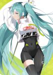  1girl absurdres aqua_eyes aqua_hair arm_behind_back arm_behind_head arm_up asymmetrical_bodysuit black_bodysuit bodysuit covered_navel crop_top crop_top_overhang cropped_jacket flag flagpole flame_print goodsmile_racing hatsune_miku highres holding holding_flag holding_pole long_hair looking_at_viewer navel niwa_(niwaniwa_1227) pole racing_miku racing_miku_(2022) single_thighhigh smiley_face thighhighs twintails very_long_hair vocaloid 