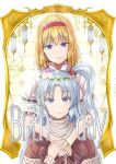  2girls alice_margatroid bangs blonde_hair blue_eyes capelet closed_mouth commentary_request dress eyebrows_visible_through_hair frilled_capelet frills grey_eyes grey_hair hair_bobbles hair_ornament hairband head_tilt head_wreath hug hug_from_behind light_blue_eyes light_blue_hair lips lolita_hairband long_sleeves looking_at_viewer mother_and_daughter multiple_girls parted_bangs puffy_short_sleeves puffy_sleeves red_capelet red_dress red_hairband shinki_(touhou) short_hair short_sleeves side_ponytail smile touhou touhou_(pc-98) turtleneck white_capelet y2 