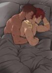  2boys bara blanket blanket_hug blanket_over_midsection closed_mouth dark-skinned_male dark_skin highres large_pectorals male_focus mature_male multiple_boys muscular muscular_male nude original pectorals sleeping spooning suyohara 