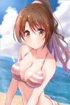  1girl beach bikini blue_sky blurry blurry_background blush breasts brown_hair cleavage cloud collarbone hair_ornament hair_scrunchie highres horizon idolmaster idolmaster_cinderella_girls looking_at_viewer medium_breasts mouchi_(mouchimochi) navel outdoors ponytail scrunchie shimamura_uzuki sky smile solo striped striped_bikini swimsuit upper_body 